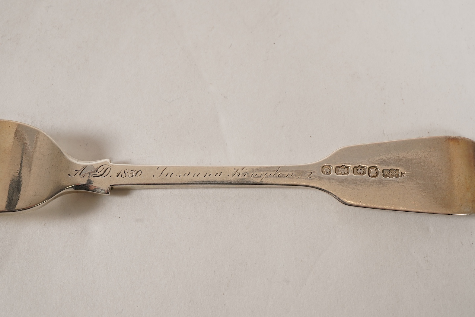 A set of twelve early Victorian provincial silver fiddle pattern table forks and six dessert forks by William Rawlings Sobey, Exeter, 1838, engraved 'Susanna Kingdon'